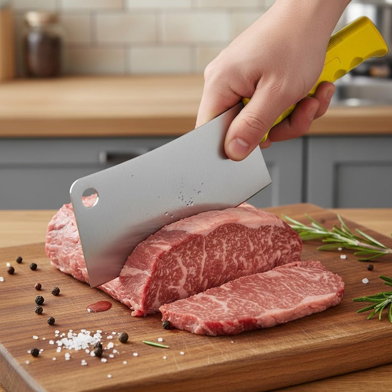 Kitchen master ساطور مطبخ ماستر 7 بوصة من الفولاذ المقاوم للصدأ مع مقبض أصفر - Image 4